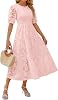 ZESICA Womens 2025 Summer Short Puff Sleeve Crewneck Smocked Floral Lace Flowy A Line Tiered Maxi Dresses