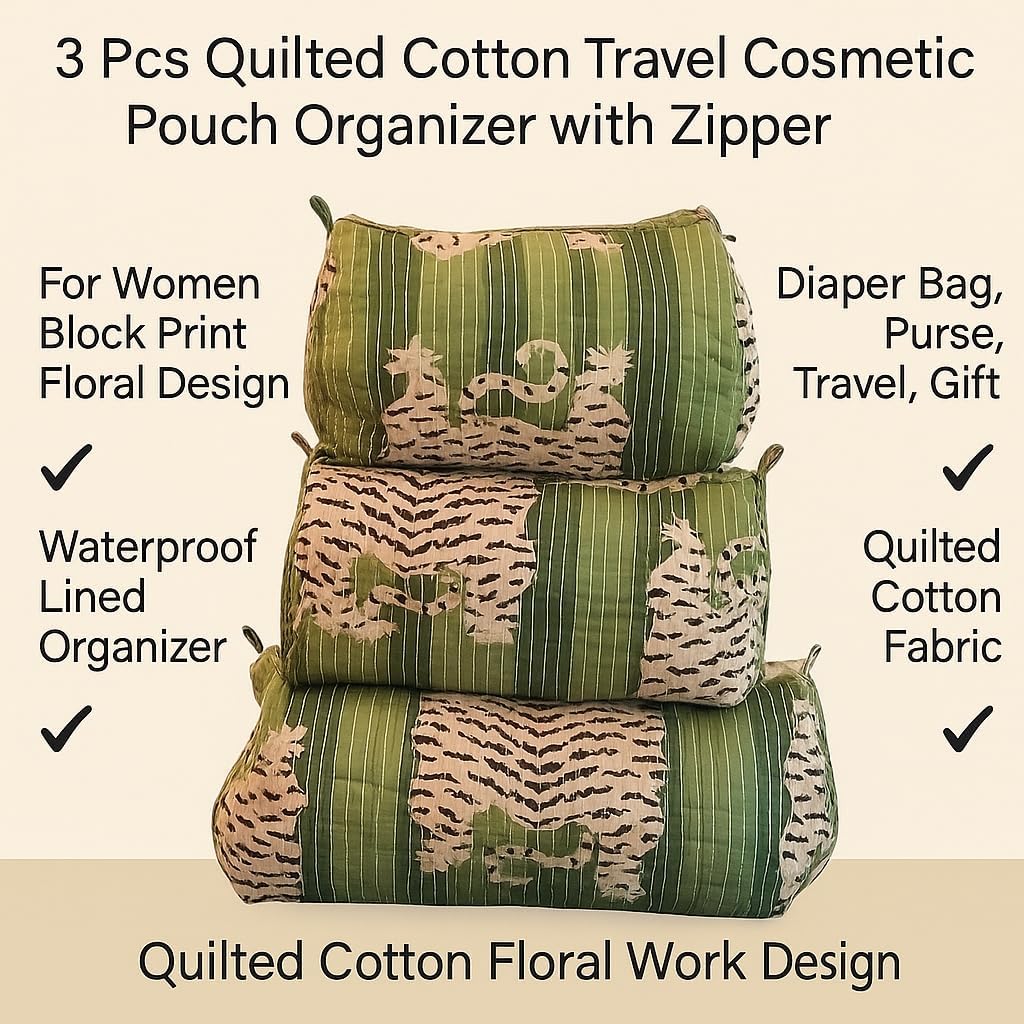 Makeup Bag Toiletry Bag 3 Pcs Quilted Cotton Travel Cosmetic Pouch Organizer with Zipper for Women Block Print Floral Design Waterproof Lined Organizer for Diaper Bag, Purse, Travel, Gift (Model -01)