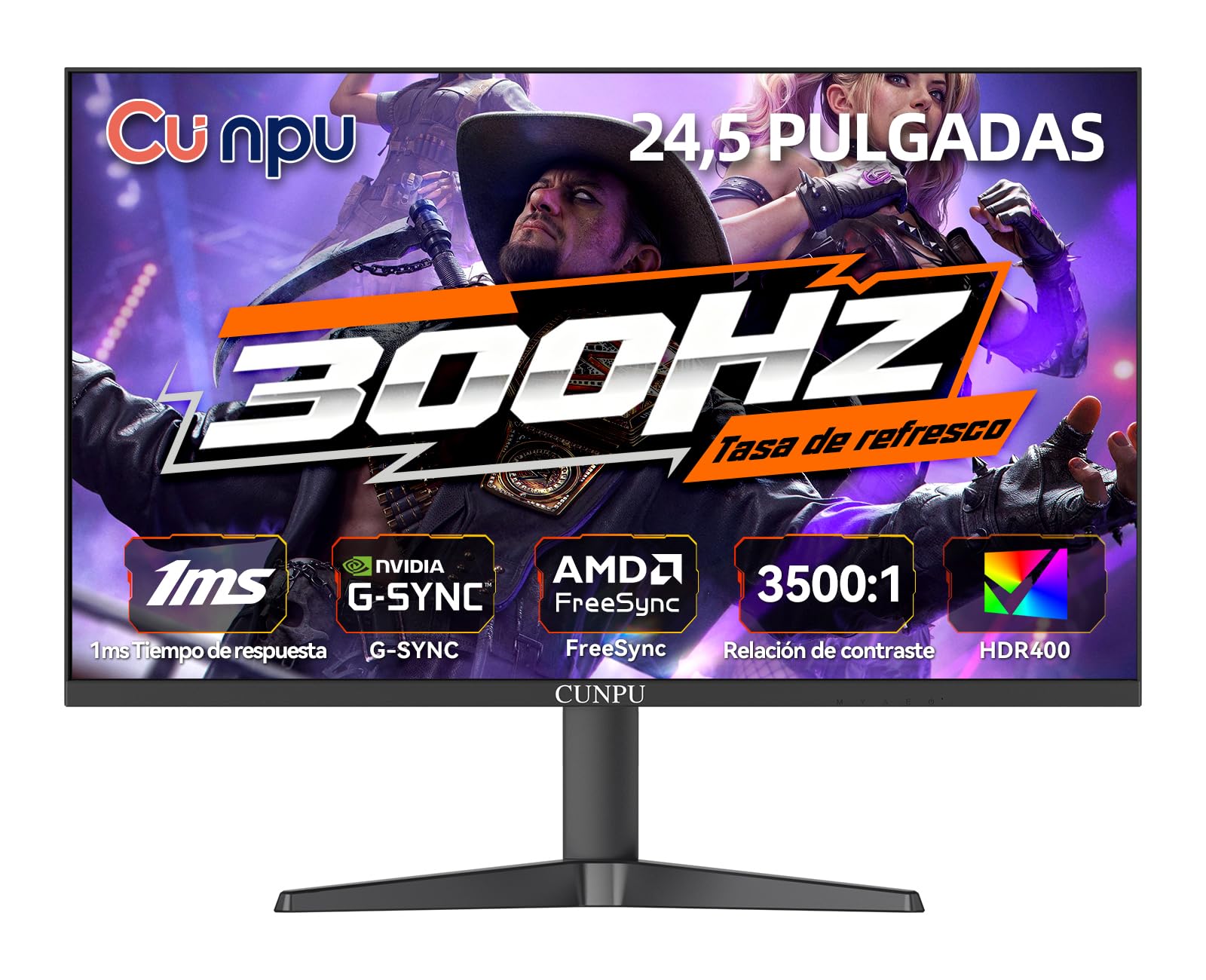 CUNPU Monitor Gaming 24,5 Pulgadas 300Hz, 1ms, Panel VA Full HD, AMD FreeSync y NVIDIA G-Sync, HDR, 100% sRGB, Punto de Mira Integrado, Ergonómico y VESA 100x100, para PC y Consola