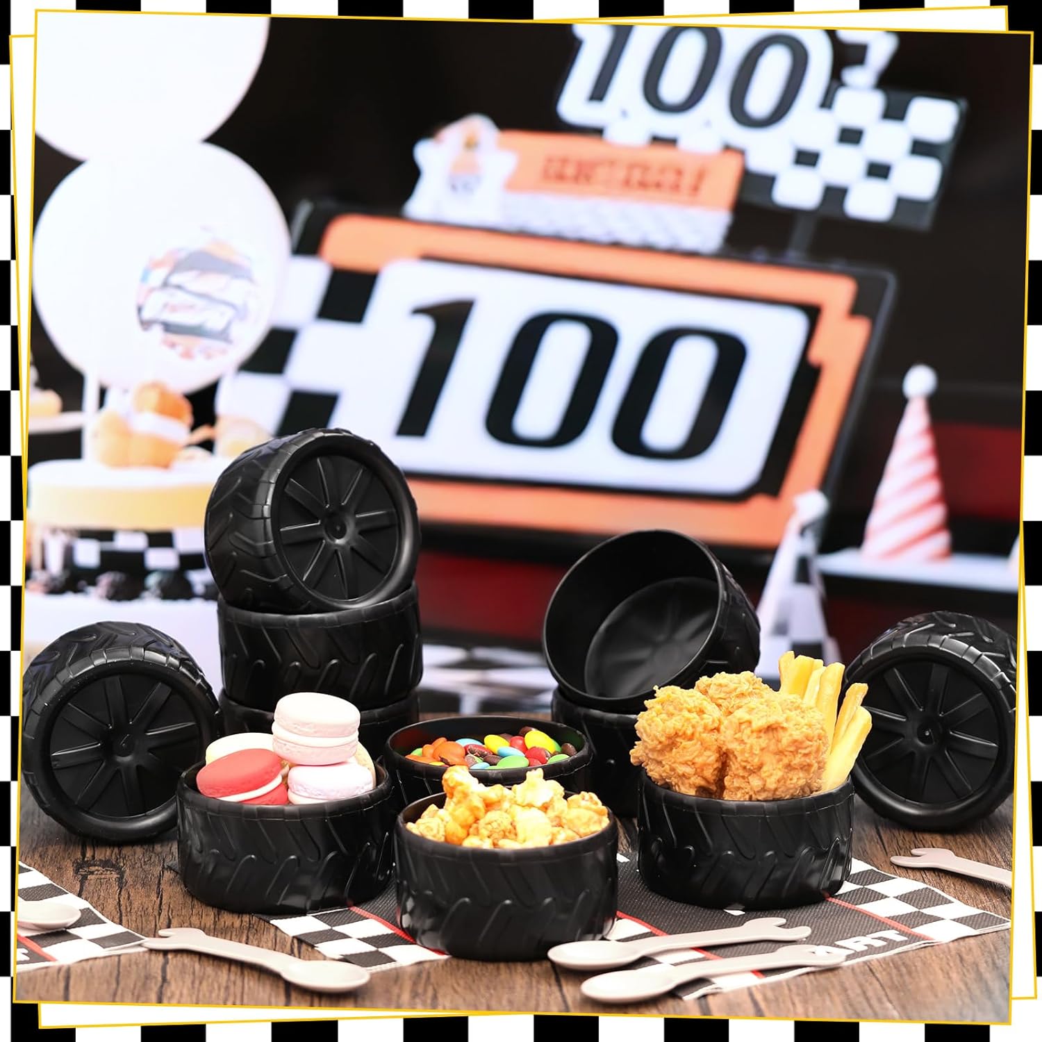 Uiifan 24 Set Truck Wheel Ice Cream Bowls Spoon Napkin Set, Disposable Racing Car Napkins, Racing Car Party Plastic Frozen Yogurt Cups with Spoons for Race Theme Party Favor Kids Gift