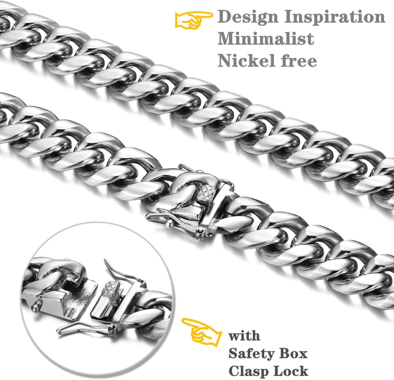 ROWIN&CO Miami Cuban Link Chain for Men 15mm Silver Stainless Steel Curb Necklace, Hip Hop Jewelry, Durable & Anti-Tarnish Mens Chain 18" 20" 22" 30" Inch, Pops Gifts For Fathers Boyfriends, Sons - Image 2