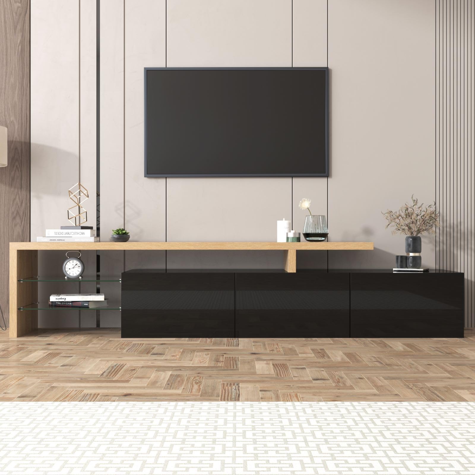 KOMHTOM Meuble TV blanc/noir avec LED, buffet avec 3 portes et 2 plateaux en verre, meuble multifonctionnel pour salon et chambre (Noir)