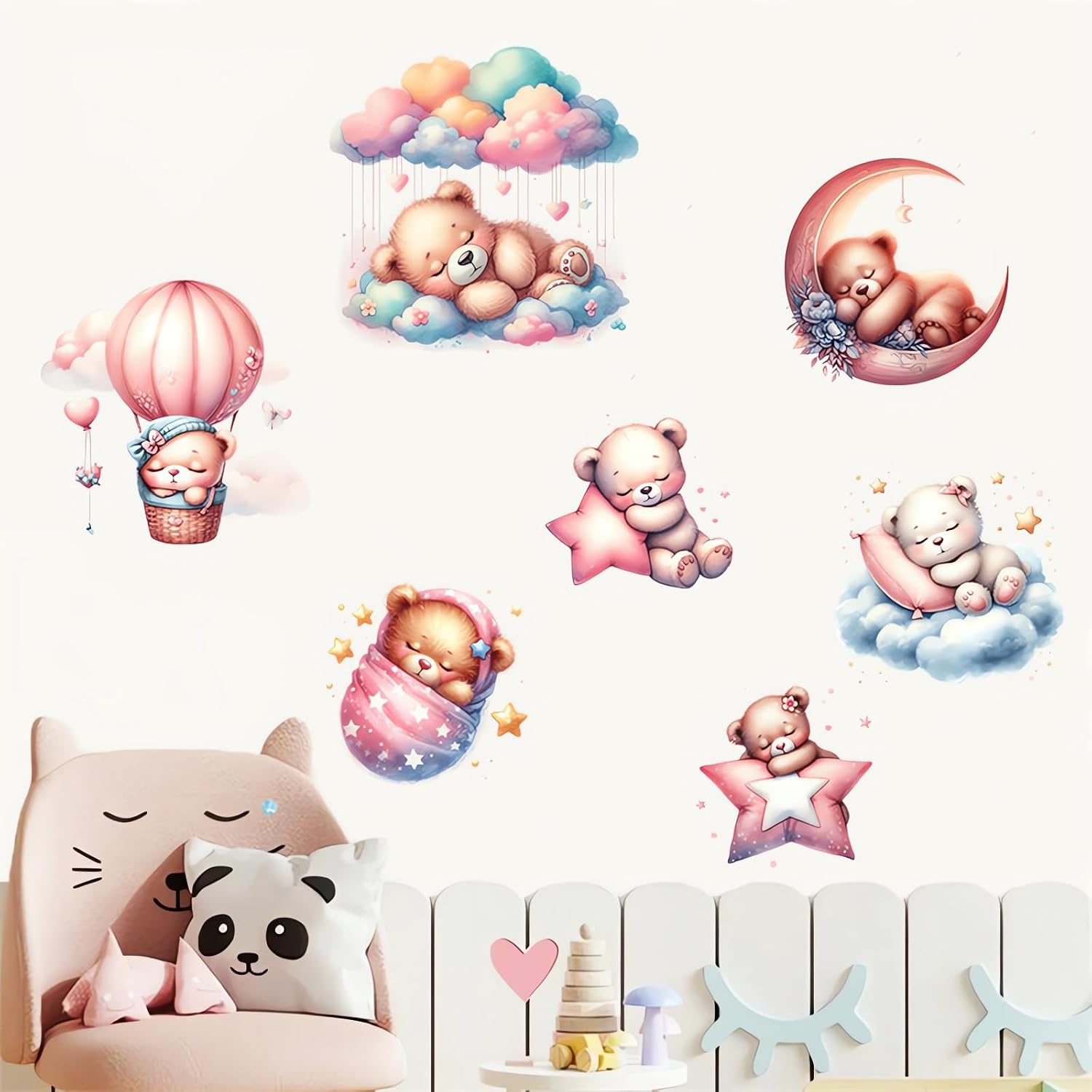 Pink Goodnight Bear Wall Stickers Moon Stars Clouds Wall Decals image 2