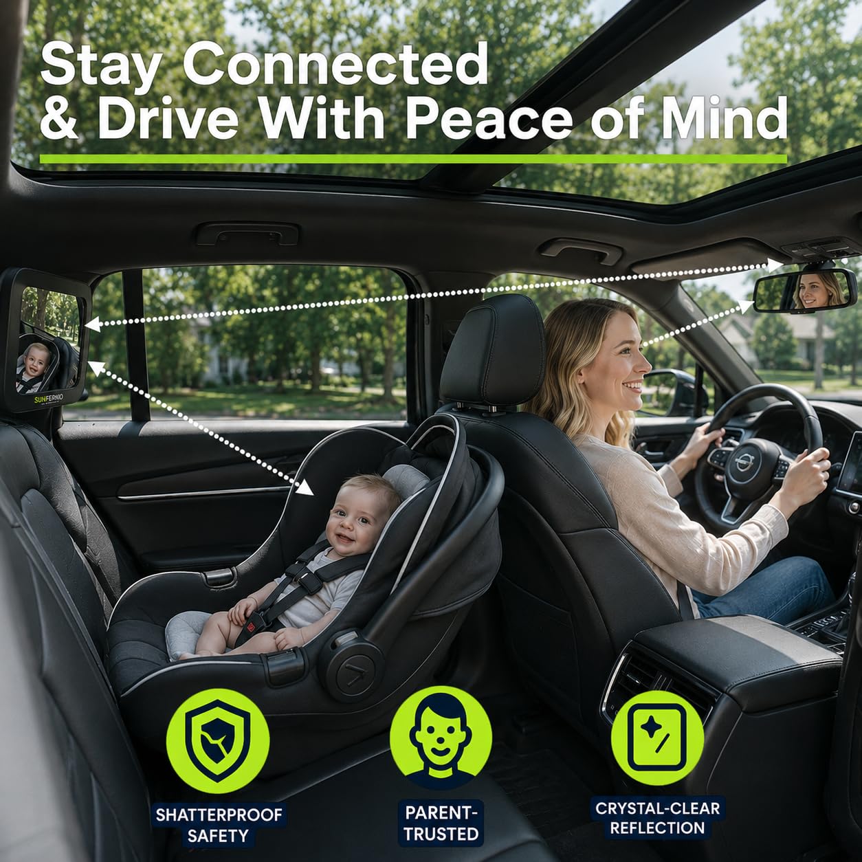 Espejo de coche para bebé: la forma más segura de vigilar a tu pequeño | Espejo de coche inastillable, gran angular para bebé con correas seguras y ajuste de 360° | Tranquilidad para cada conducción