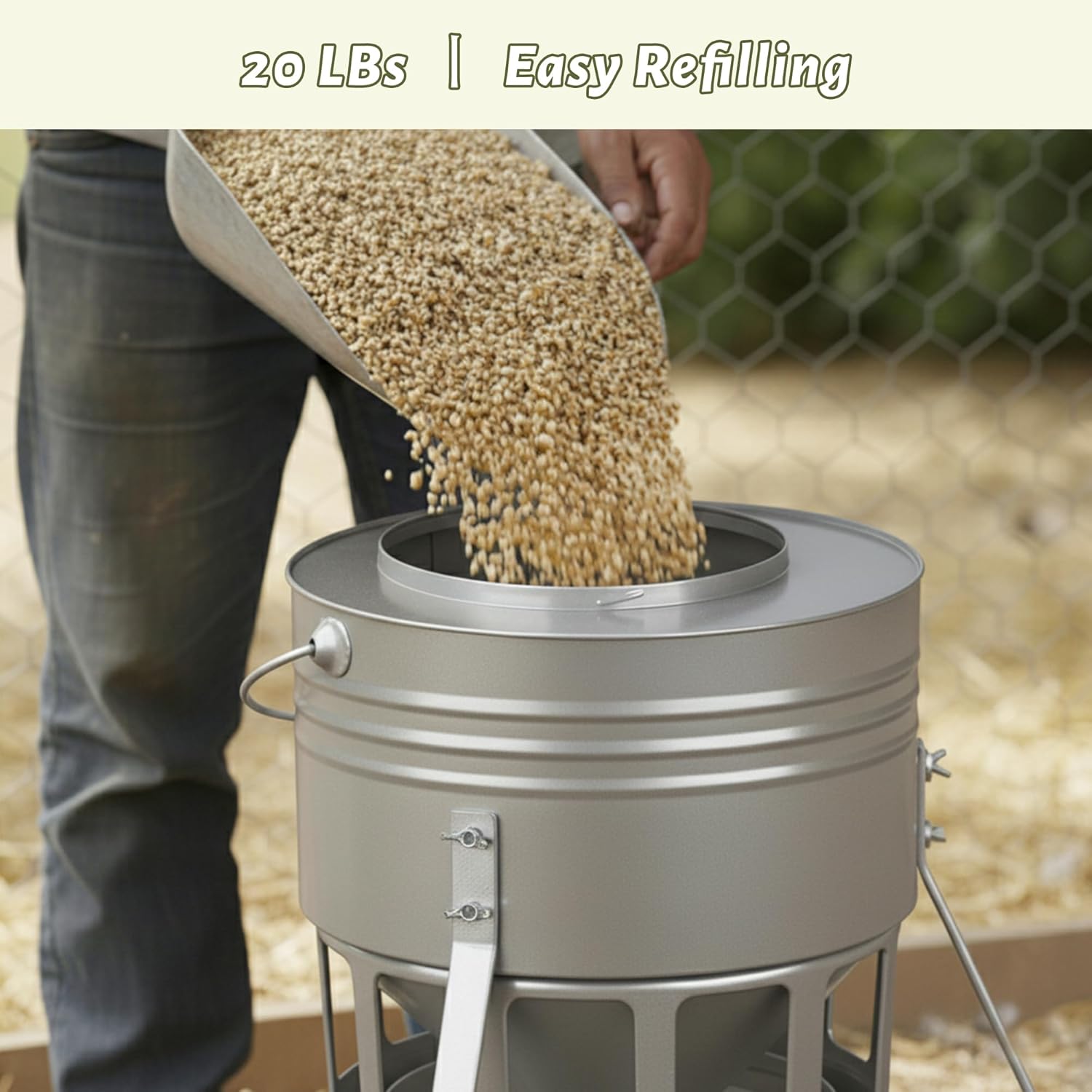 KOL Metal Chicken Feeder - 15lbs No Waste Chicken Feeder with 12 Ports, Powder Coated Rust-Proof Design & Smooth Edges for Safe Feeding (Silver)