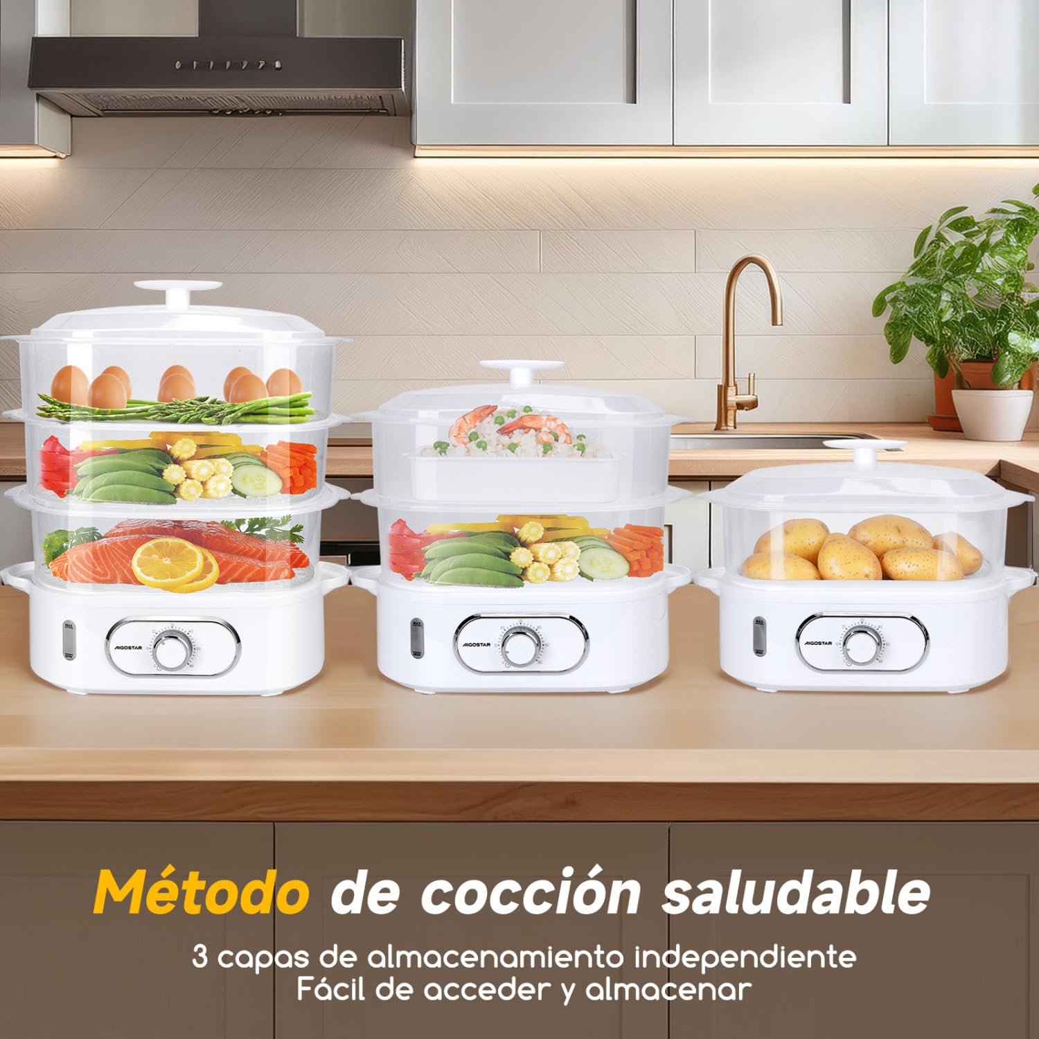 Aigostar Vaporera Eléctrica 12L, Vaporera con 3 Recipientes Apilables, Soporte Para Cocinar Huevos, Temporizador 60 Minutos, Recipiente Para Cocinar arroz, Sin BPA, 900 W