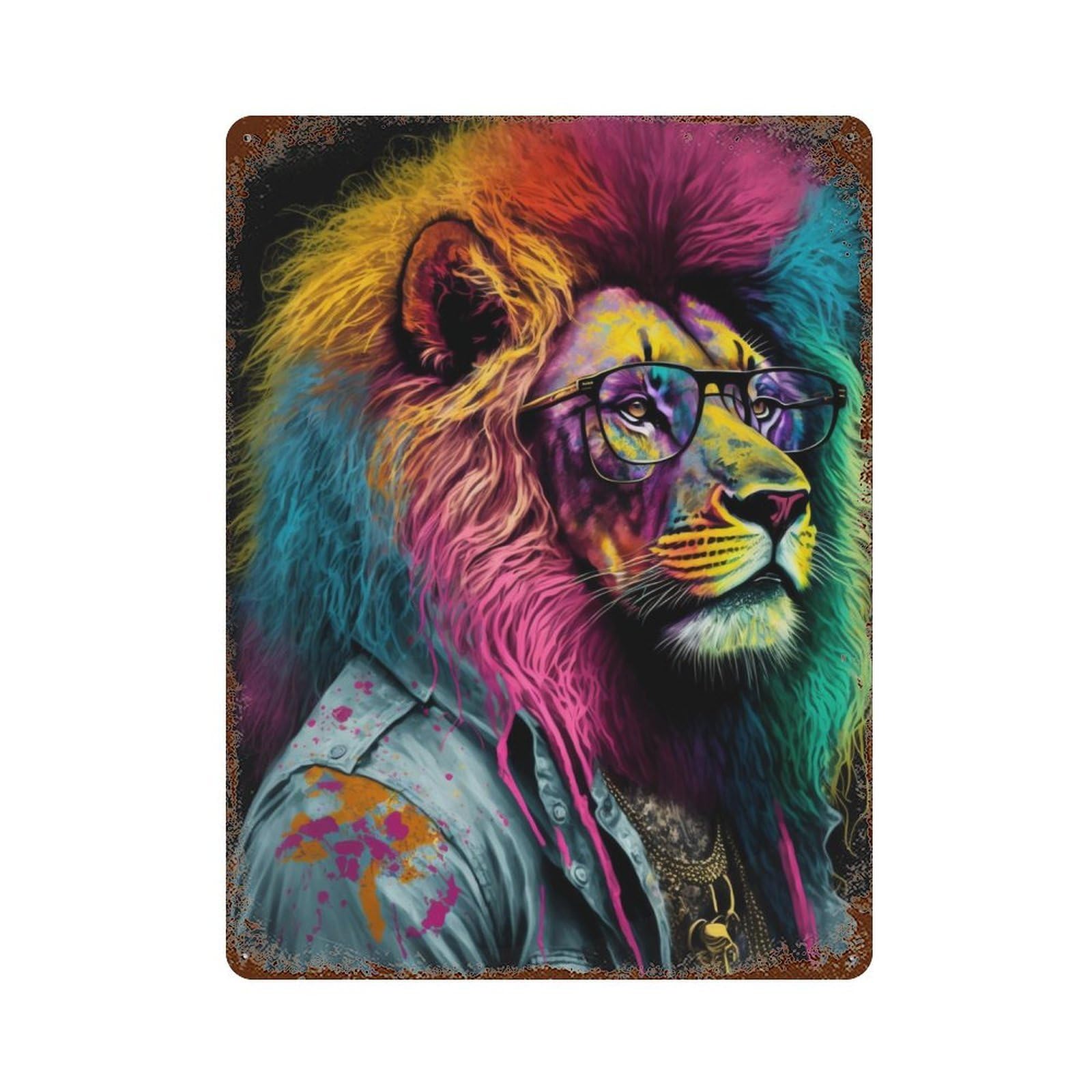 Rust Effect Colorful Lion Art Print-11 Rusty Metal Tin Sign 15.7"x11.8", Industrial Home Decor for Living Room, Hallway And Home Decor
