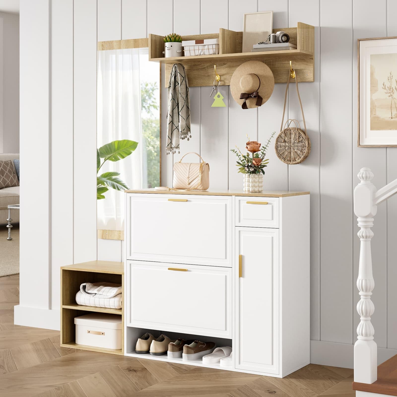 Sweiko Ensemble entrée 4 pièces avec Rangement Chaussures et 1 tiroir, Meuble d'Entrée avec Miroir et patère Murale, Armoire compacte avec Étagères Ouvertes pour Hall, Couloir (Natural+White)