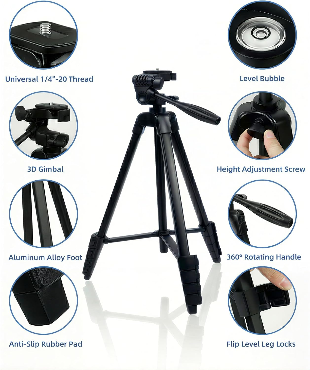 17"-63" Aluminum Tripod for Laser Level, 1.5lb Lightweight, 3D Pan Tilt with Bubble Level, Quick Release Plate, Black