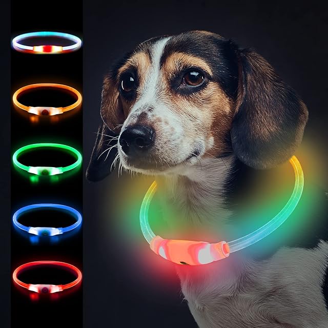 Mardiko Light up Dog Collar Rechargeable Adjustable Length for Small Medium Large Dogs Cats, Flashing LED Puppy Collars Illuminated Dog Collars with 4 Light Modes Waterproof, Multicolor