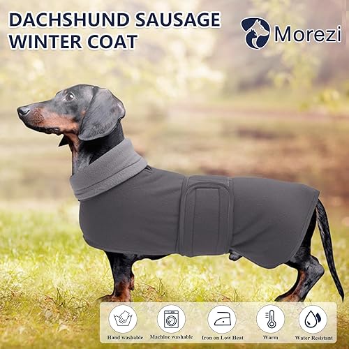 Miniatura 2 de Abrigo de forro polar para perro salchicha en miniatura de invierno con cierre de velcro y ribete reflectante de alta visibilidad, color gris, talla