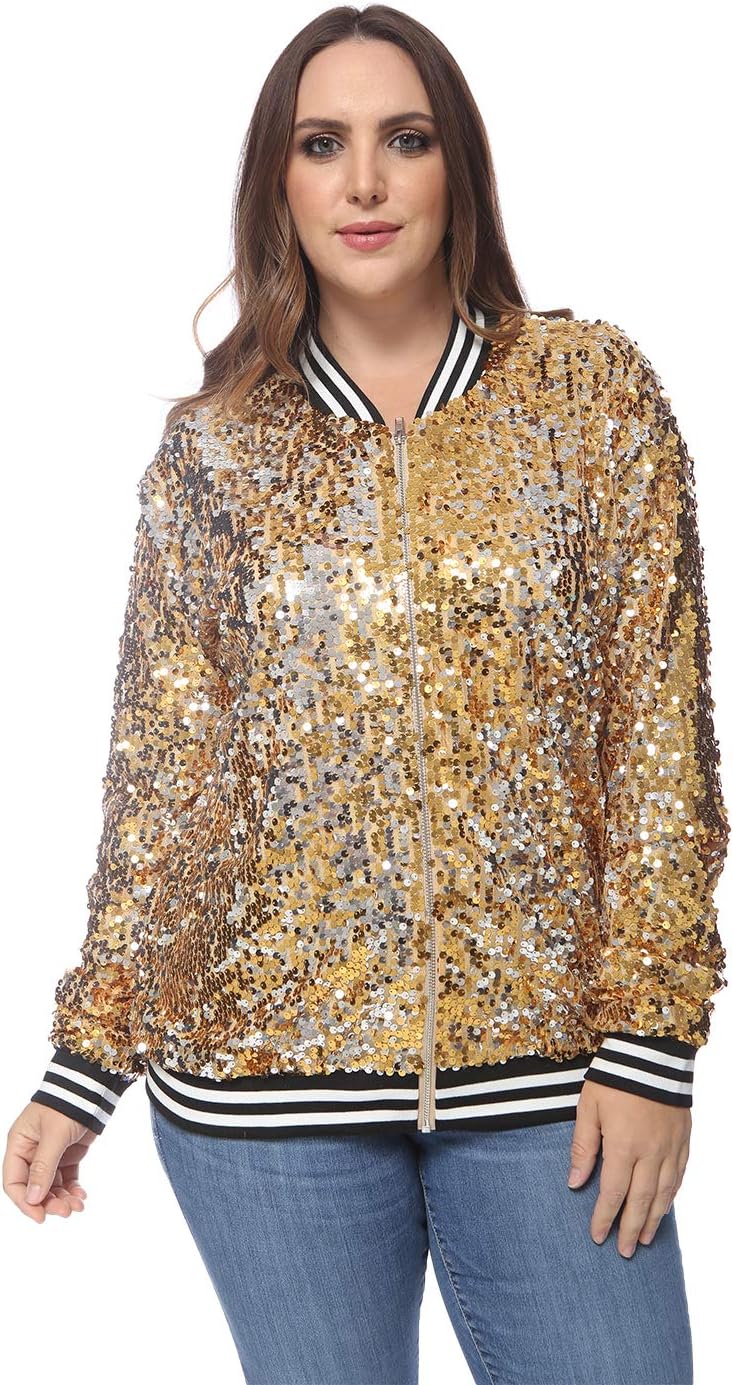 Anna-Kaci Women's Plus Size Sparkly Jacket Long Sleeve Zip Up Sequin Bomber Jacket Coat - Image 2