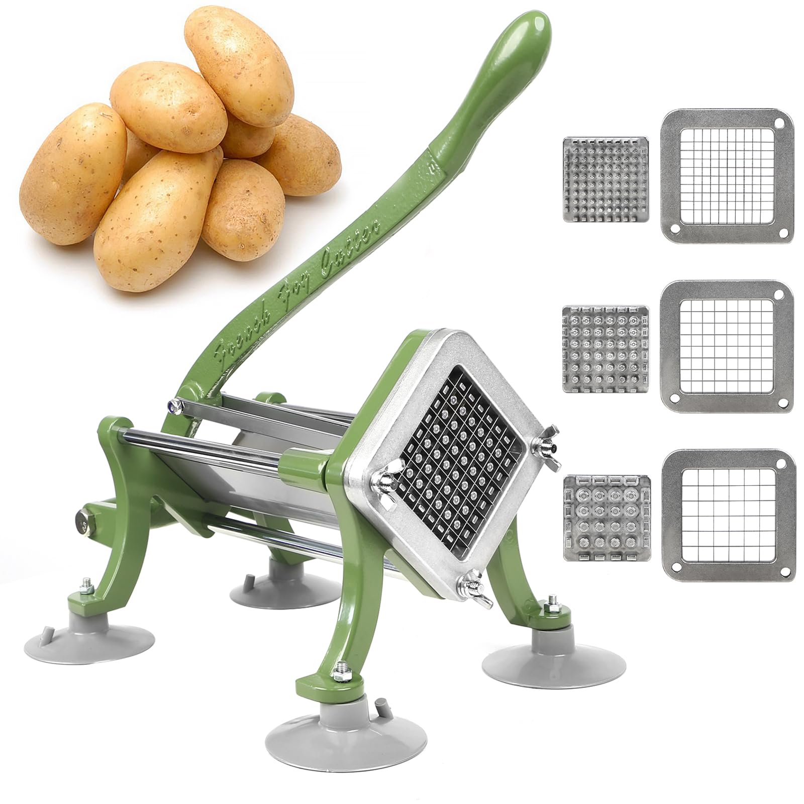 French Fry Cutter Commercial Potato Slicer with Suction Feet Complete Set, Includes 1/4", 3/8",1/2"