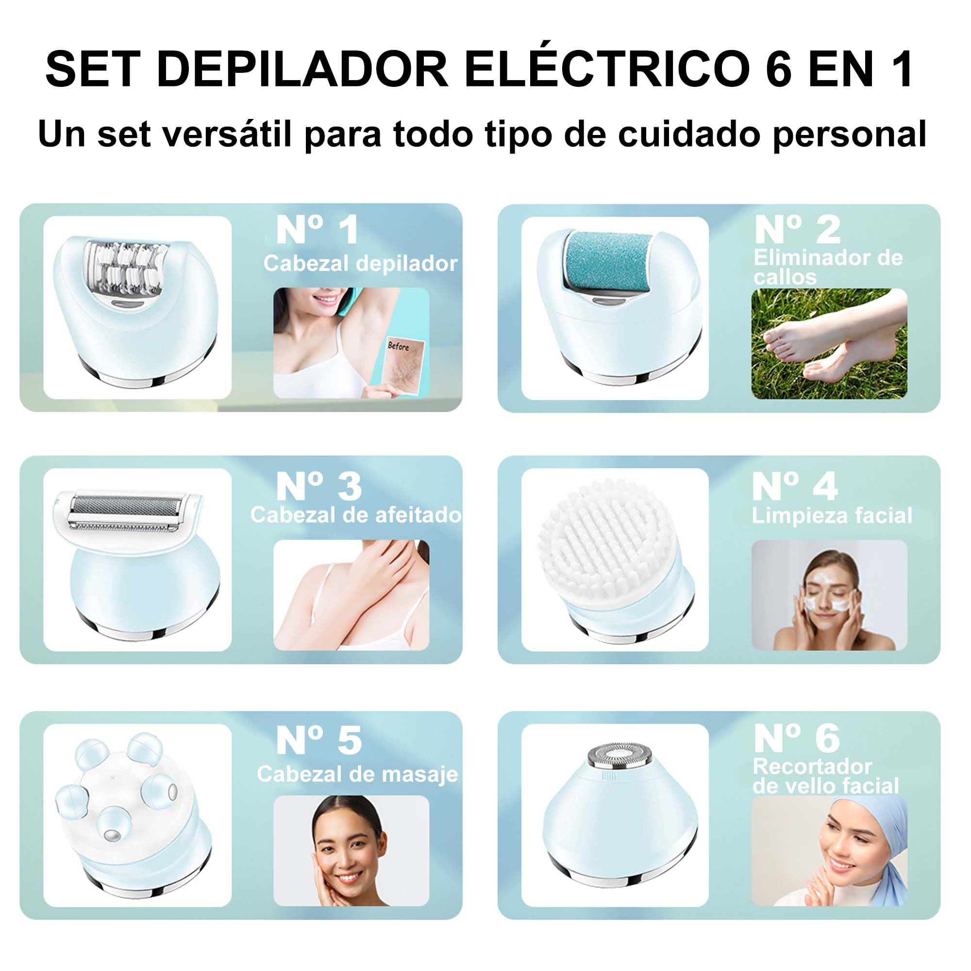 VGR 733 Depiladora Mujeres, 6 en 1 Inalámbrica y Recargable Maquina Depilar, Seco y Húmedo Recortador eléctrica, Afeitadora Facial y Corporal para Cara, Piernas, Axilas, Azul