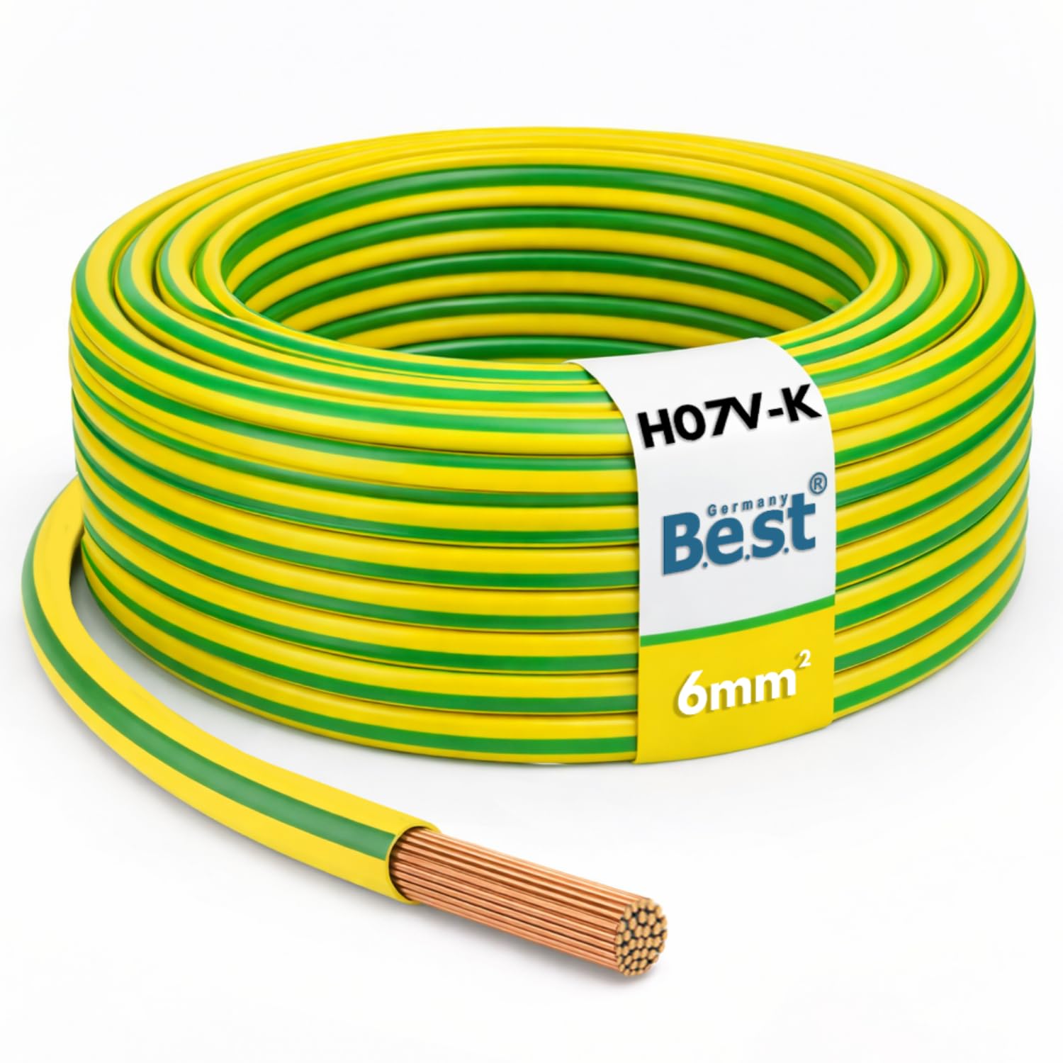 Cavo di messa a terra, 25 m, 6 mm², flessibile, in PVC H07V-K, per impianti PV, cavo di cablaggio, tubo di installazione, filo di rame, conduttore di protezione NYAF, durevole e resistente al calore