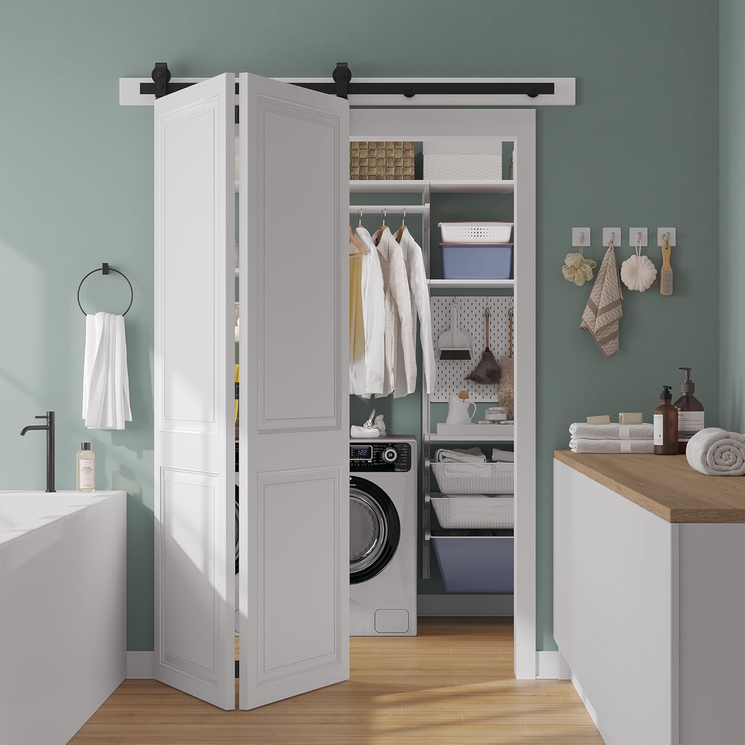 SMARTSTANDARD 60" Bifold Sliding Barn Door Hardware Kit, 5ft Top Mount Bi-Folding Track Kit for Double 28" Closet Pantry Laundry Doors-Smoothly and Quietly, Black [No Door]