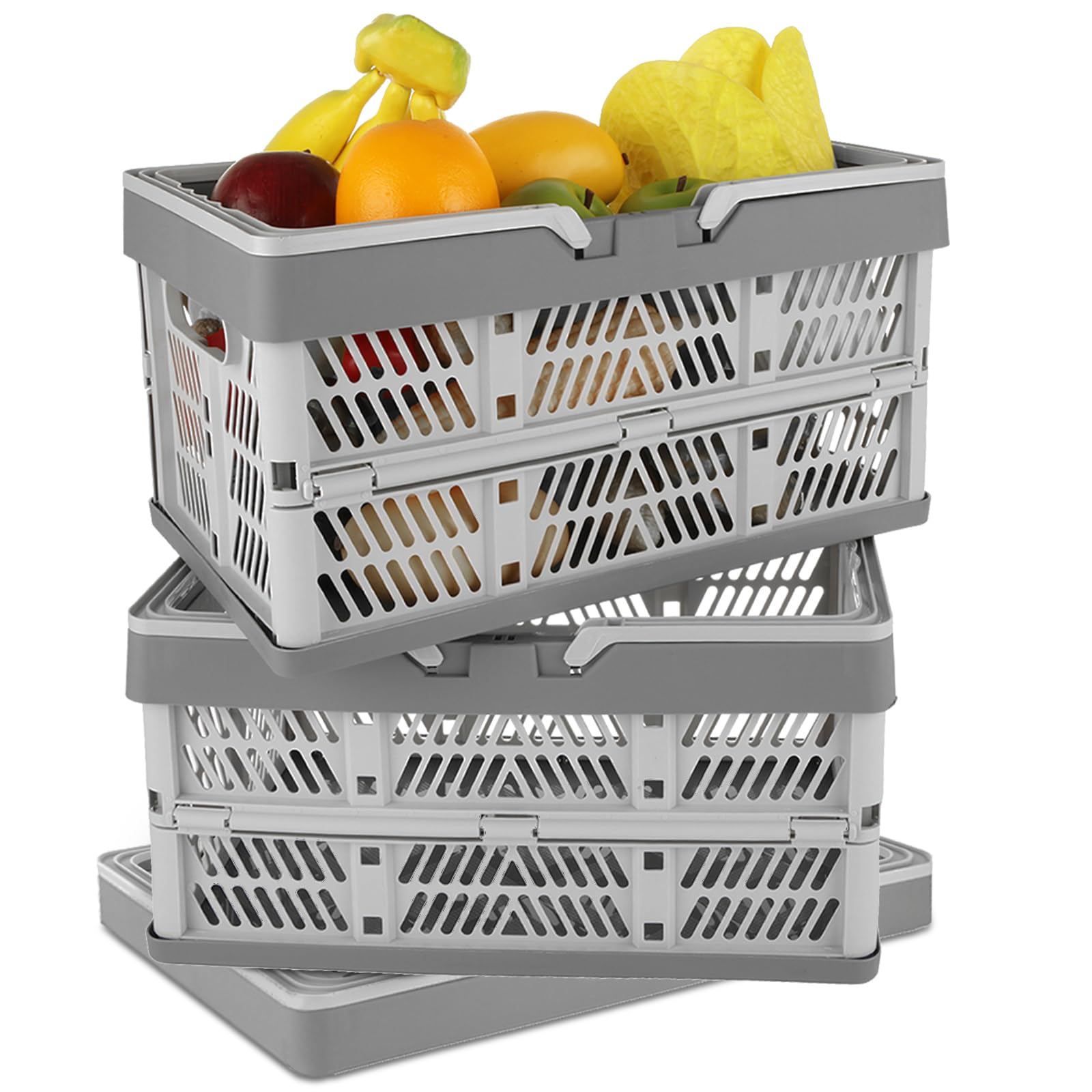 Paquete de 3 cajas de almacenamiento plegables de 20 litros con asa, cesta de compras apilable de plástico, cesta colgante plegable para organizar, caja de leche para cocina, baño,