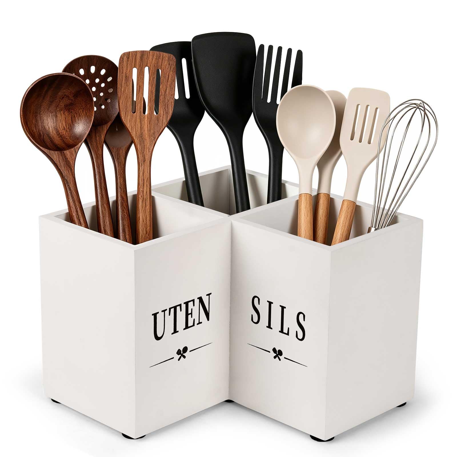 Natheeph Extra Large Kitchen Utensil Holder for Corner Counter, 6.5" Height | 3-Compartment with Flexible Divider, Wood, Holder Organizer for kitchen utensil spoons, knives, and cooking utensils, White