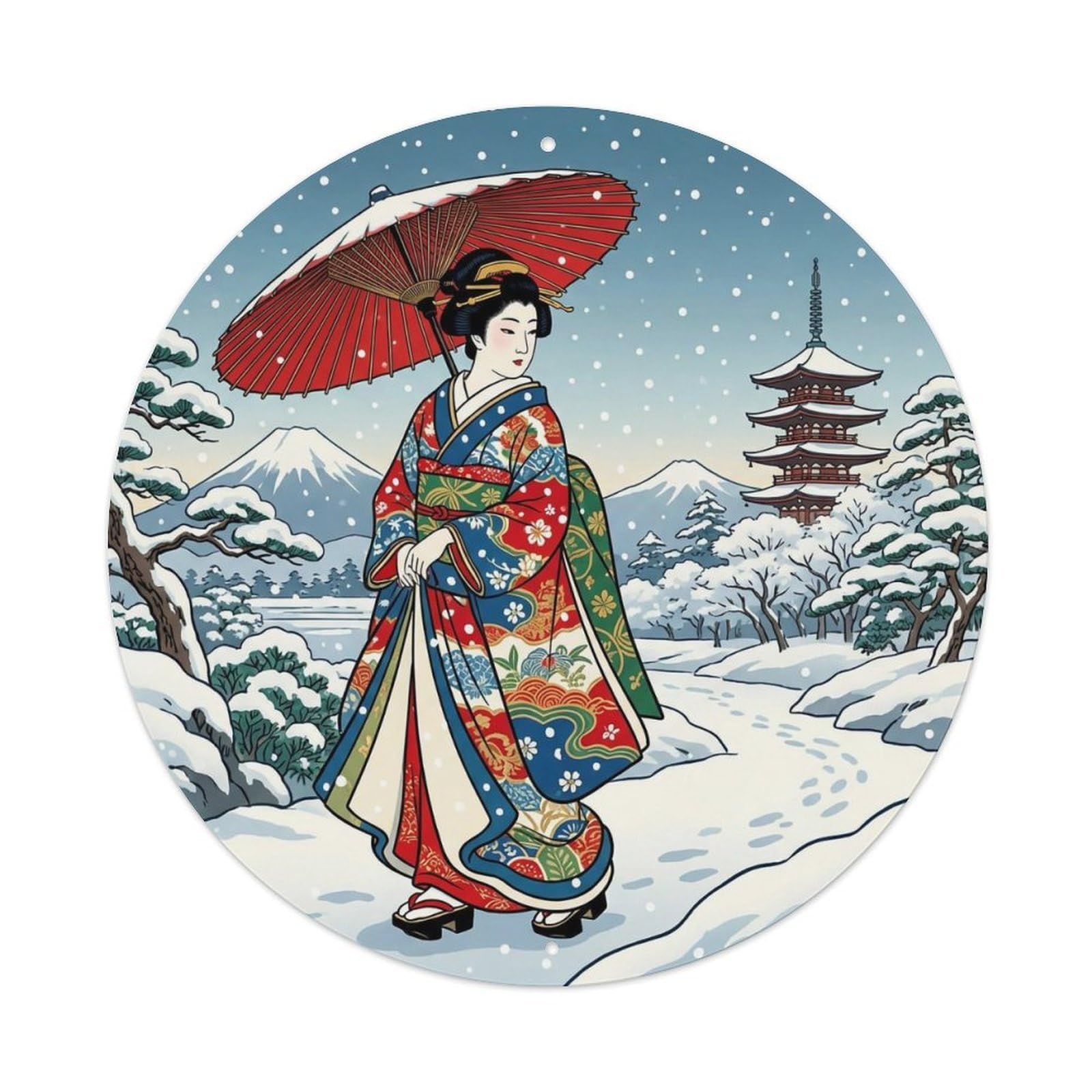 Japanese Geisha Snow Umbrella Red Snowflakes Falling Metal Tin Sign