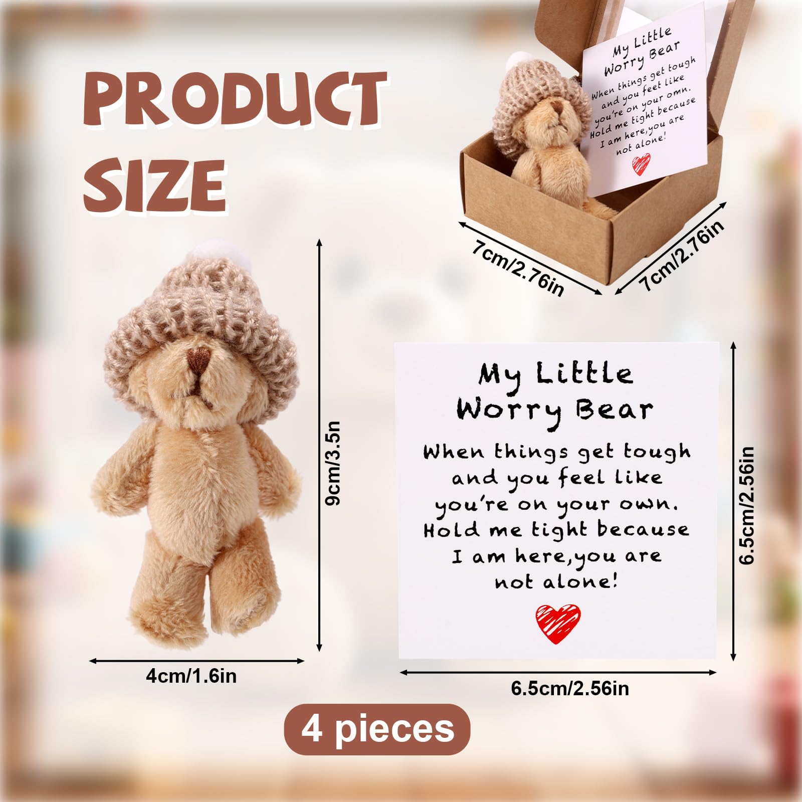 TOYMIS 4 Mini Ositos De Peluche En Caja Con Tarjetas Inspiradoras – Regalo De San Valentín O Detalle Para Amigos (Marrón, Café, Blanco Y Rosa)