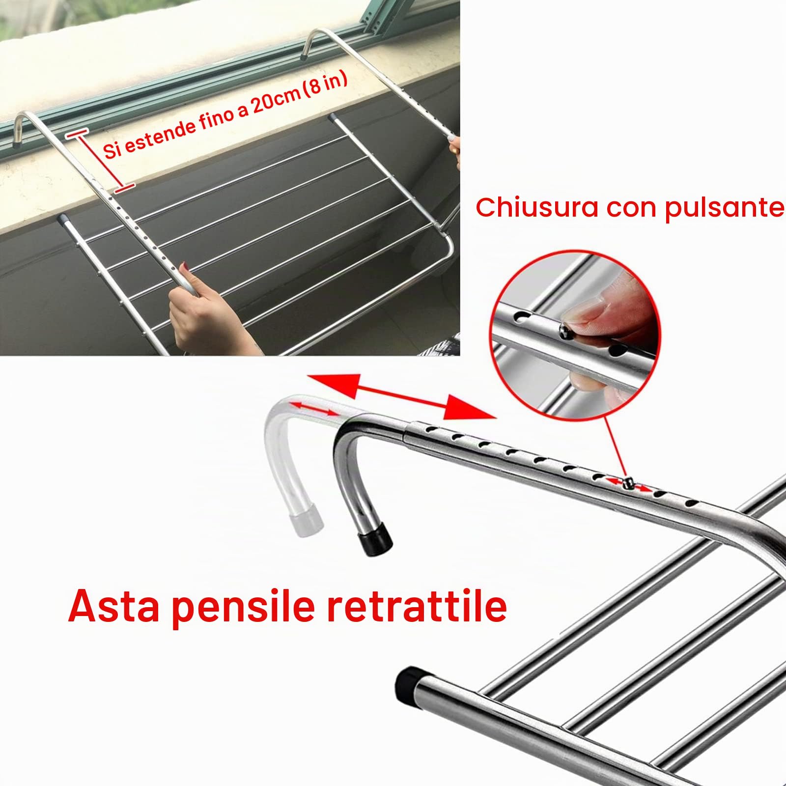 Stendibiancheria Stendino Pieghevole, Stendibiancheria in Acciaio Inox Larghezza da 40 A 80cm Portata 20kg Stendibiancheria da Balcone Stendino per Interno Ed Esterno, Praticità
