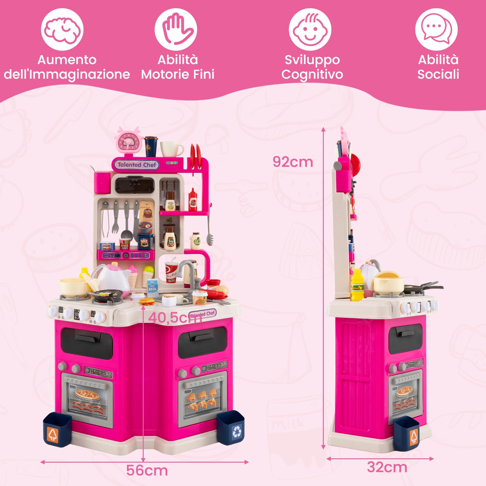 RELAX4LIFE Cucina Giocattolo per Bambini, Effetti Sonori e Luminosi, Cucina in Legno con Sistema di Circolazione dell'Acqua, Frigorifero, Forno e Cestino, Set Cucina Giochi per 3+ Anni (Rosa)
