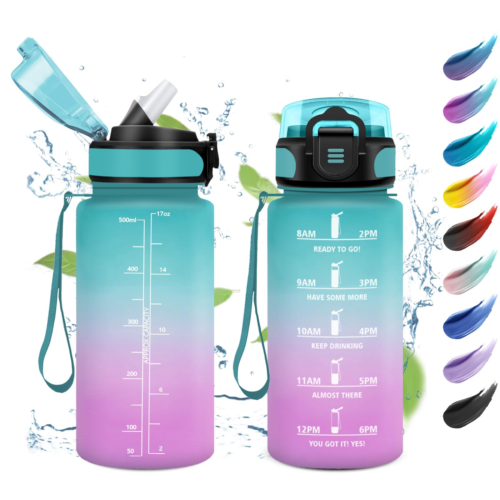 KollyKolla Water Bottle 500ml Motivational Bottle Water Bottle with Time Marker and Straw Waterproof Drinking Bottle Reusable for Boys Girls School Office Outdoor Camping Fitness