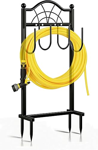 Garden Hose Holder,Upgraded Freestanding Hose Holder with 4 Spikes, Heavy Duty Metal Hose Reel,Sturdy Hose Stand Holds up to 100ft Hose for Outside,Yard & Lawn Garden,Black