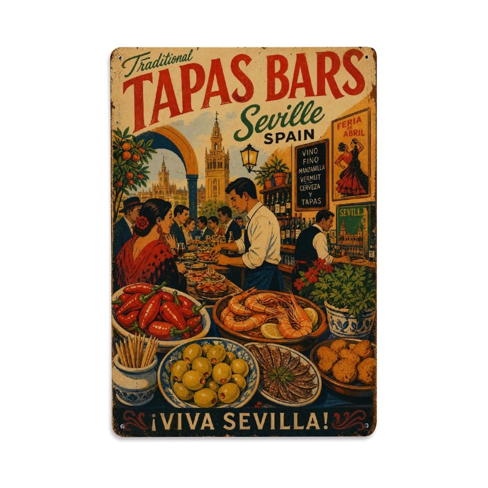 Huiyhb 8X12inch(20X30cm) Vintage Travel Seville Tapas Bars Food Culture Scene Metal Tin Sign