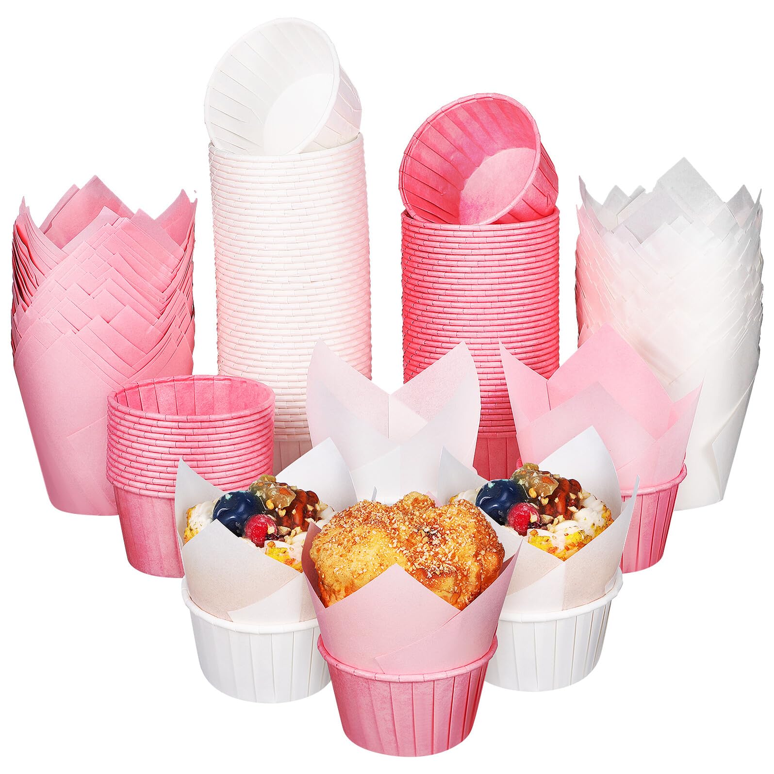 Caissettes à cupcakes papier lot de 200 pièces blanches et roses tulipe bord roulé TEHAUX