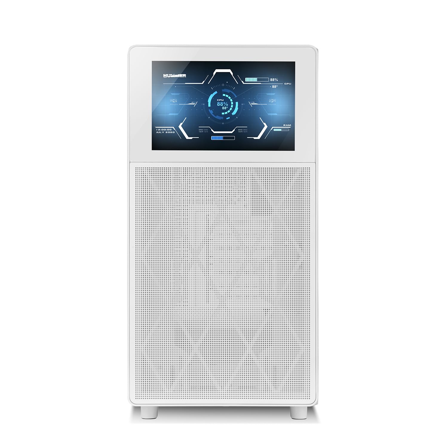 NOX XTREME PRODUCTS HUMMER BIOS - Semitower ATX|M-ATX| ITX, Display LCD da 8” personalizzabile, Pannello frontale rete metallica, laterale vetro temperato, Spazio per 11 ventole, USB-C e 3.0, Bianco