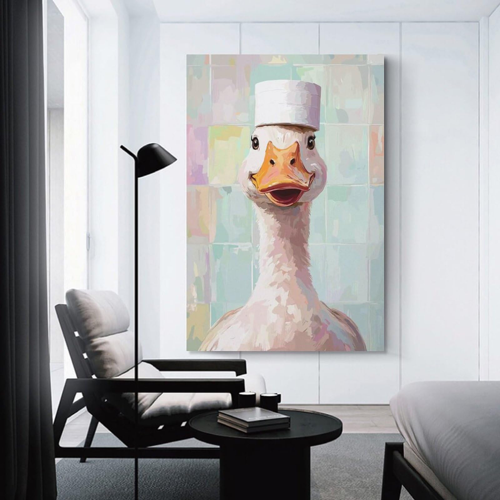Junmoney Canvas Wall Picture Goose with Toilet Paper Hat, 12x18inch(30x45cm), for Home Lounge, Bedroom Or Reading Nook, A Home Accent with Warm Character
