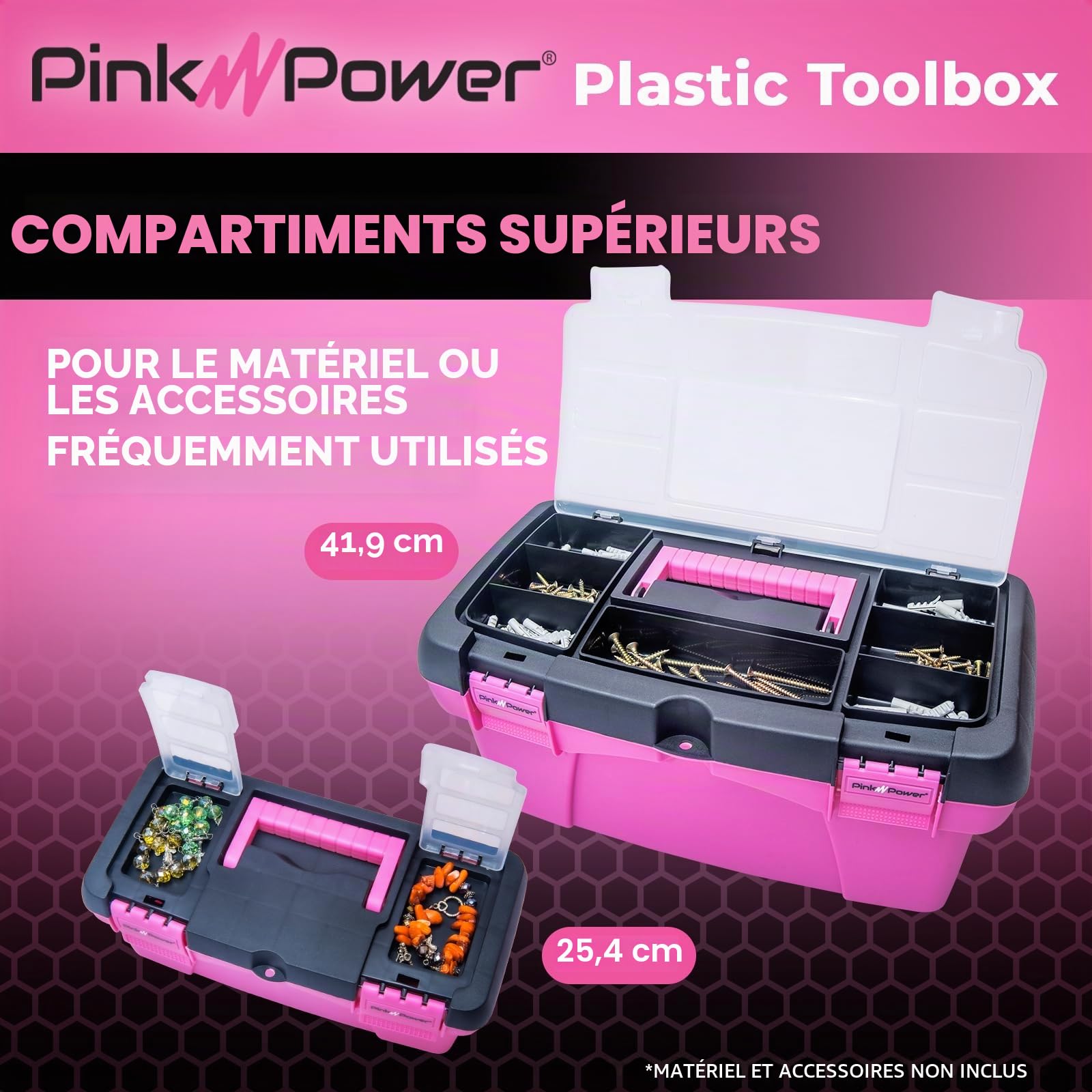 Pink Power Boîte à Outils Rose pour Femme - Rangement pour Couture, Art et Loisirs Créatifs - Petite et Grande en Plastique avec Poignée