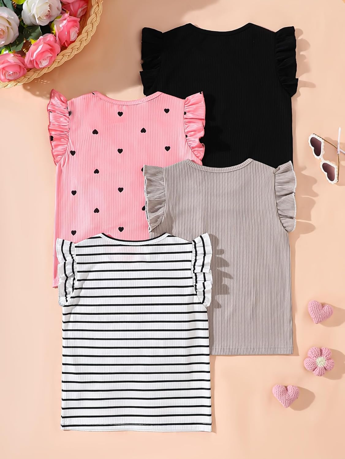 Girls 4 Packs Tees Ruffle Short Sleeve T-Shirt Ribbed Knit Casual Summer Tunic Tops 4-12 Years - Image 3