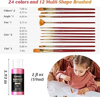 Caliart Iridescent Acrylic Paint with 12 Brushes, 24 Colors (59ml, 2oz) Art Craft Paints for Adults Artists Beginners Painters, Halloween Decorations Canvas Ceramic Wood Rock Painting Kit