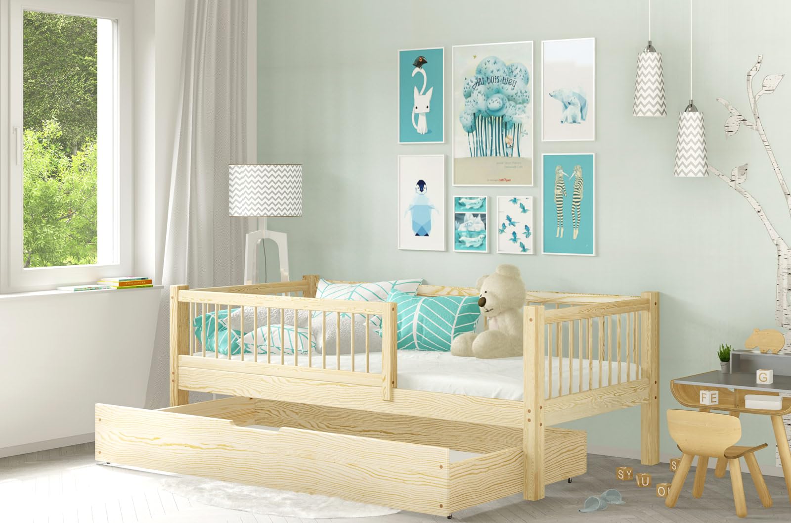 Cama Infantil con Barandilla y Cajón - Cama Infantil Individual con Espacio de Almacenamiento - Estructura de Madera Finamente Lijada - Color Natural - Sin Colchón - 80x160 cm