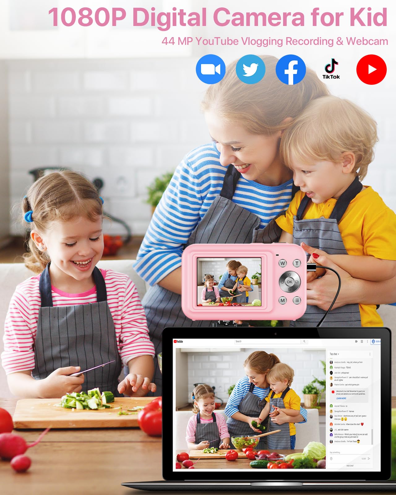 Macchina Fotografica Compatte 1080P, Fotocamera Digitale 44MP con Scheda 32GB, 2.4"LCD Fotocamera Compatta con 16X Digitale Zoom, Mini Ricaricabile Fotocamera Digitale per Bambini (Rosa)