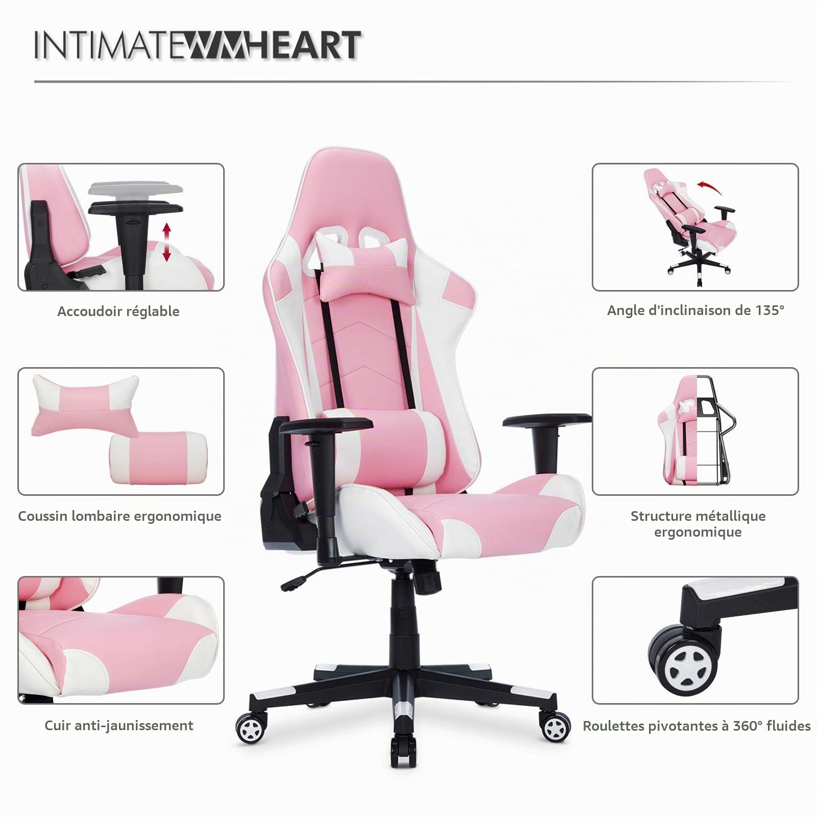 IntimaTe WM Heart Chaise Gaming Ergonomique, Racing Fauteuil de Gamer Pivotant, Siège de Bureau Inclinable135°, avec Appui Tête et Soutien Lombaire, Accoudoirs Réglable Dossier Haut, Rose