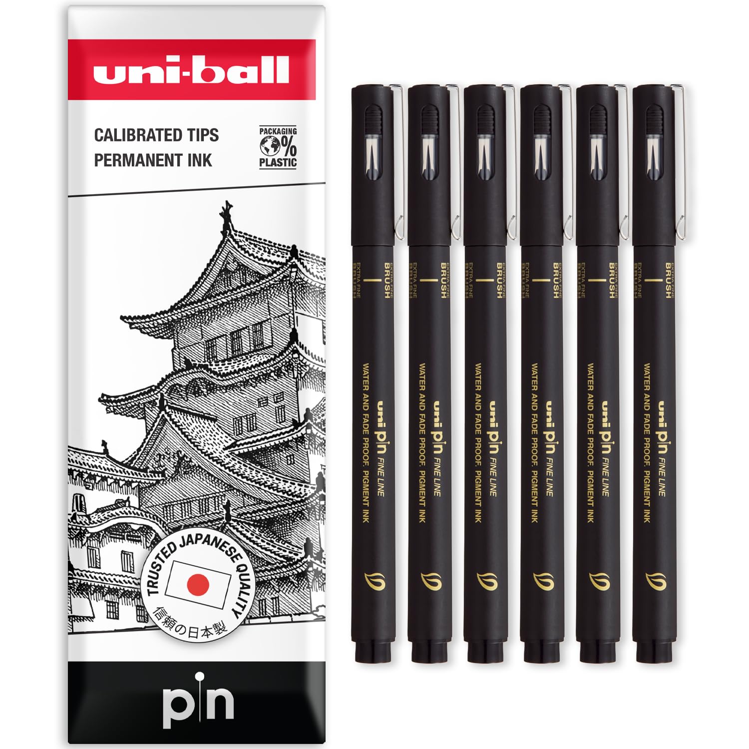 Uni Pin Lot de 6 stylos pinceaux à dessin à pointe fine Encre noire Emballage cadeau