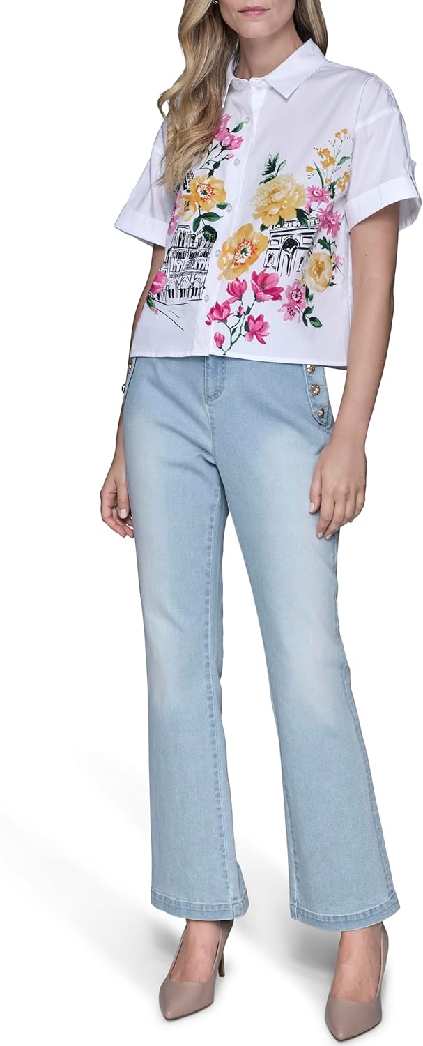 Karl Lagerfeld Women's Bright Florals Bold Graphic Color Pop Blouse