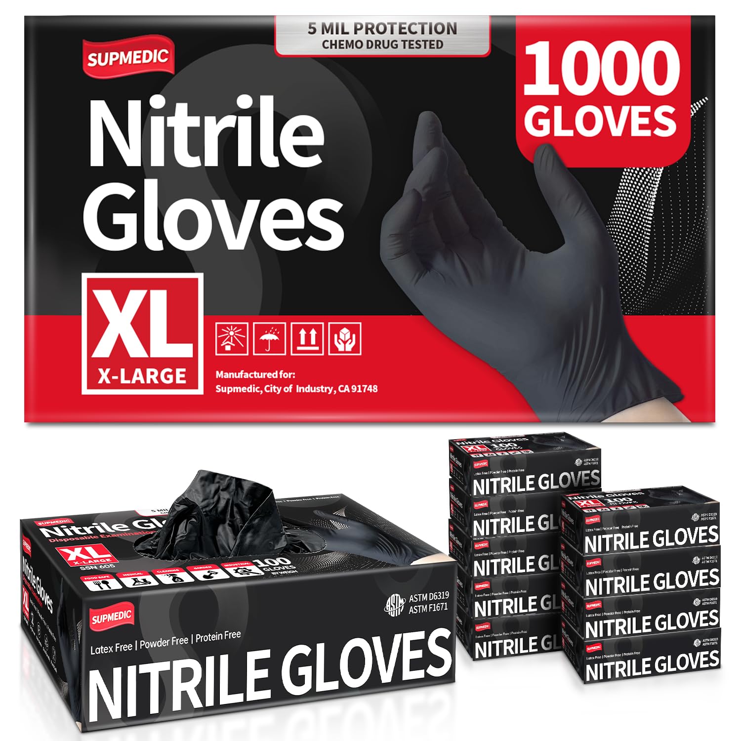 SupmedicBlack Nitrile Exam Glove, 5 mil Powder-Free Latex-Free Disposable Medical Gloves, Case of 1000 Pcs (S/M/L/XL)