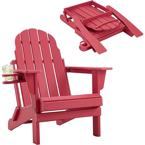 Folding Adirondack Chair - Durable HDPE Poly Lumber All-Weather Resistant w/ Cup Holder, Oversized Balcony Porch Patio Outdoor Chair for Lawn, Backyard, Deck, Garden, Easy Installation, Light Red