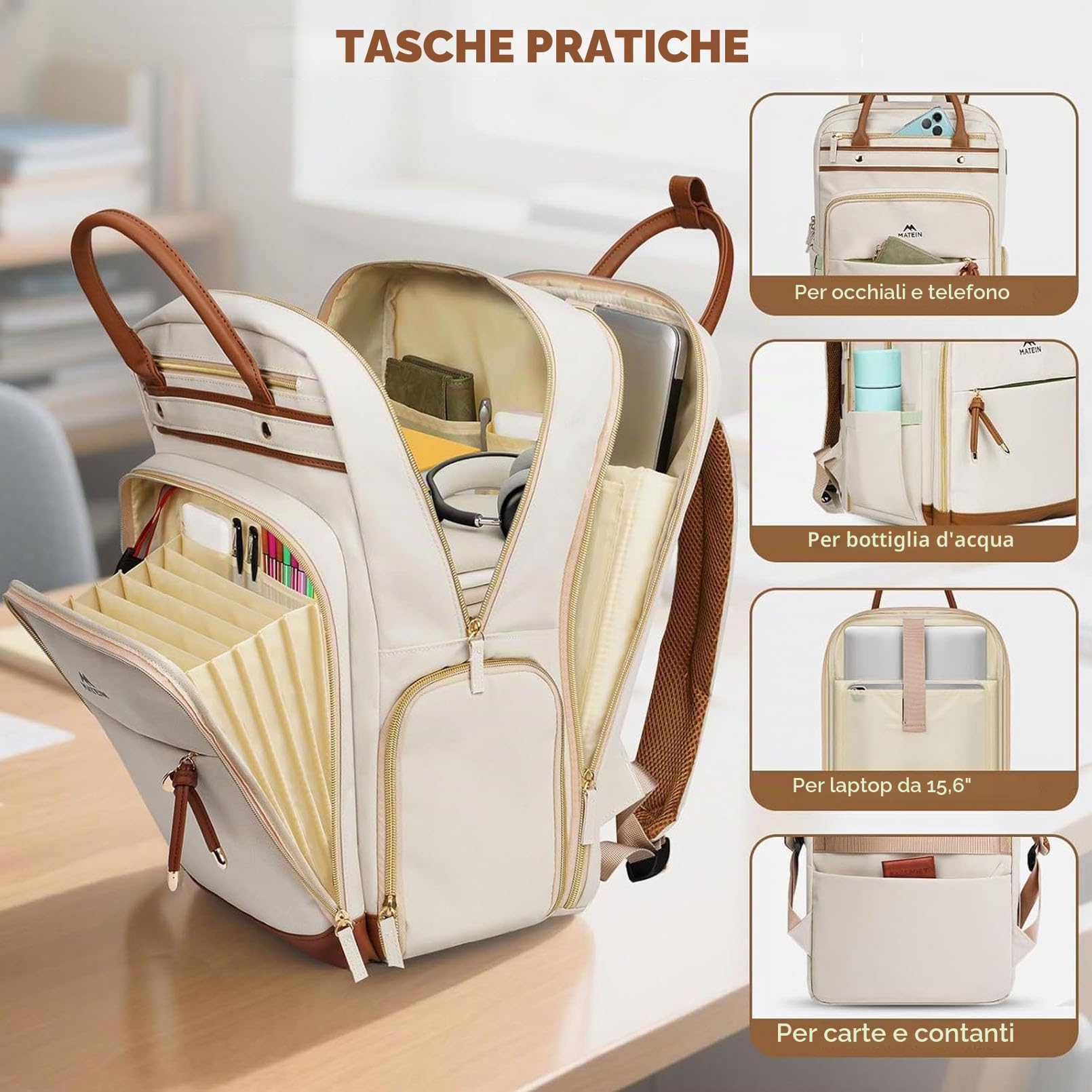 MATEIN Zaino Lavoro Donna per Insegnanti con Borsa Pranzo Rimovibile, Zaino Porta PC 15.6 Pollici, Zaini Scuola per Donna e Docenti, per Viaggio Aereo, Università, Ufficio, Beige