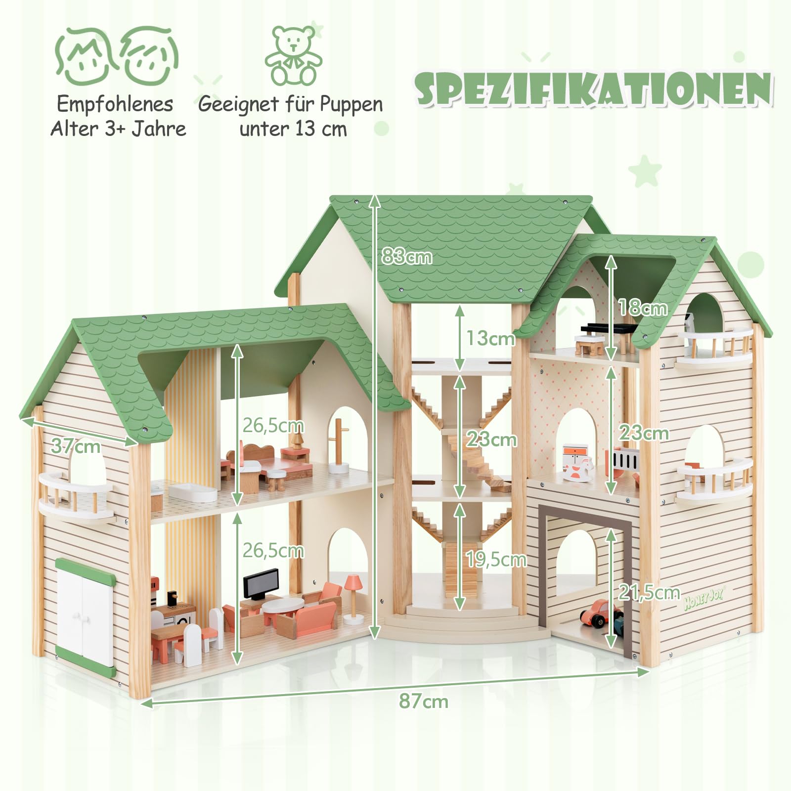 GOPLUS Puppenhaus aus Holz, Dollhouse mit 36-teiligem Zubehör, Traumhaus mit 6 Zimmern, eingebauten Treppen & Balkonen & Garage mit 2 Spielzeugautos für Mädchen ab 3 Jahren (Model 1)