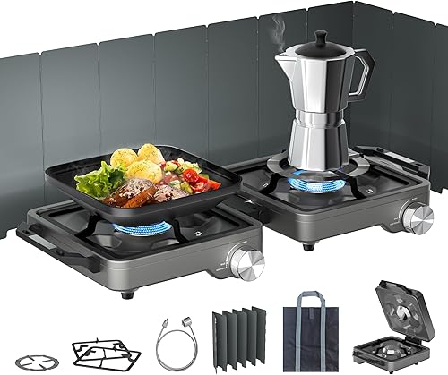 Estufa de campamento plegable de 2 quemadores de 27000 BTUs con parabrisas, estufa de camping portátil con quemadores ajustables y bolsa de