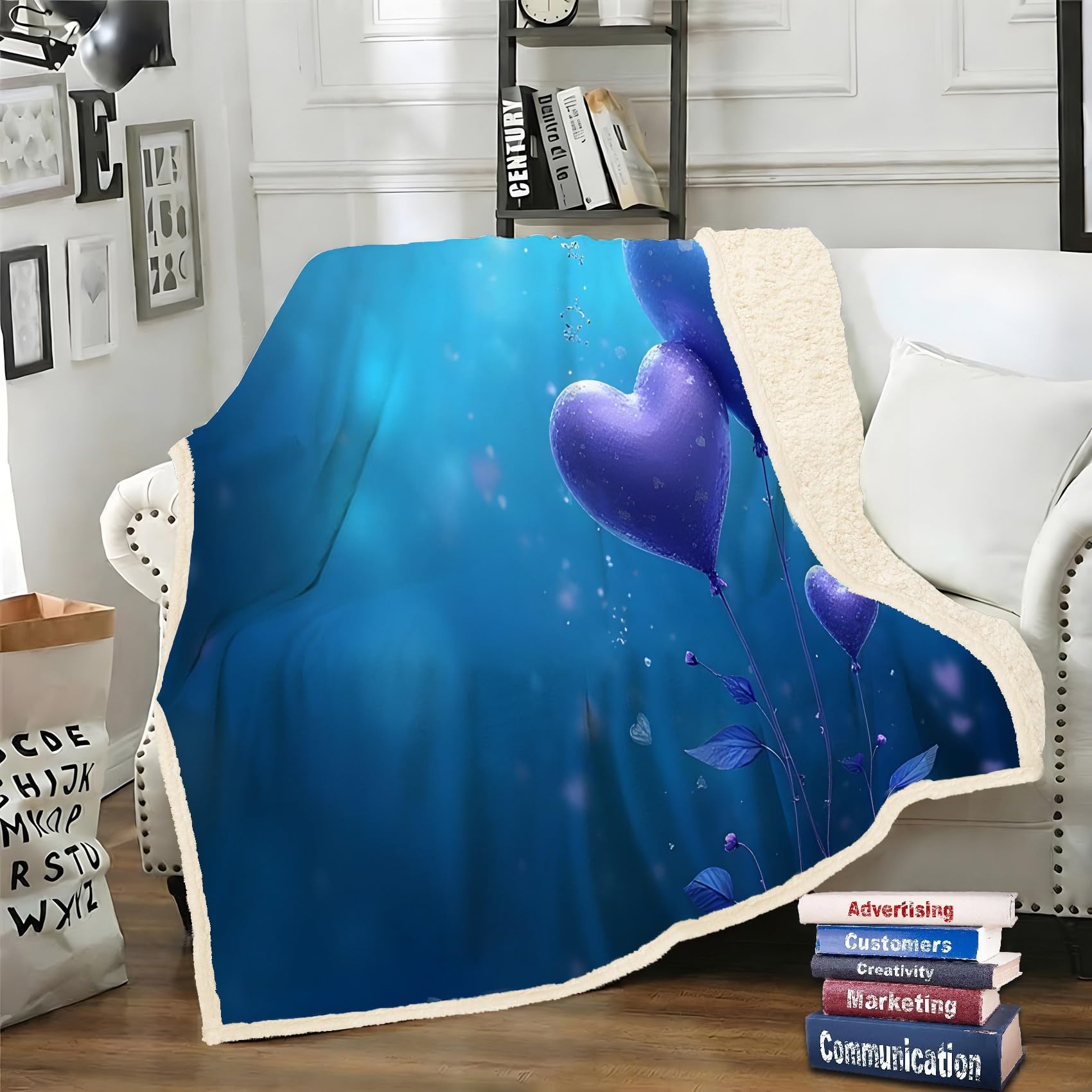 Plaid Sherpa Cœur Bleu-Violet polaire 70x100 cm pour canapé