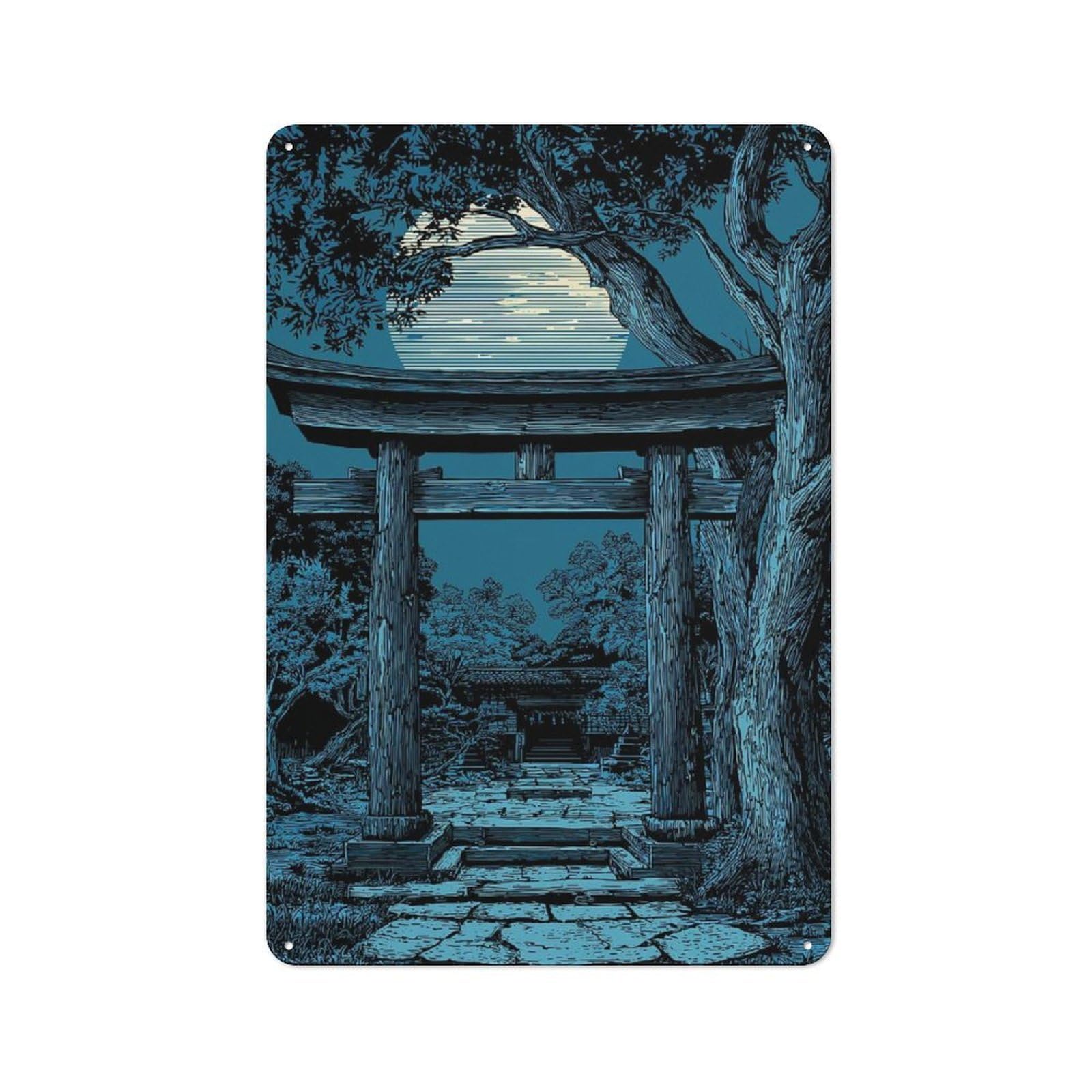 Junmoney Japanese Torii Gate Under Moonlight Rustic Metal Sign 30X20cm For Workshop Wall, For Collectors Of Rustic Metal Wall Decor