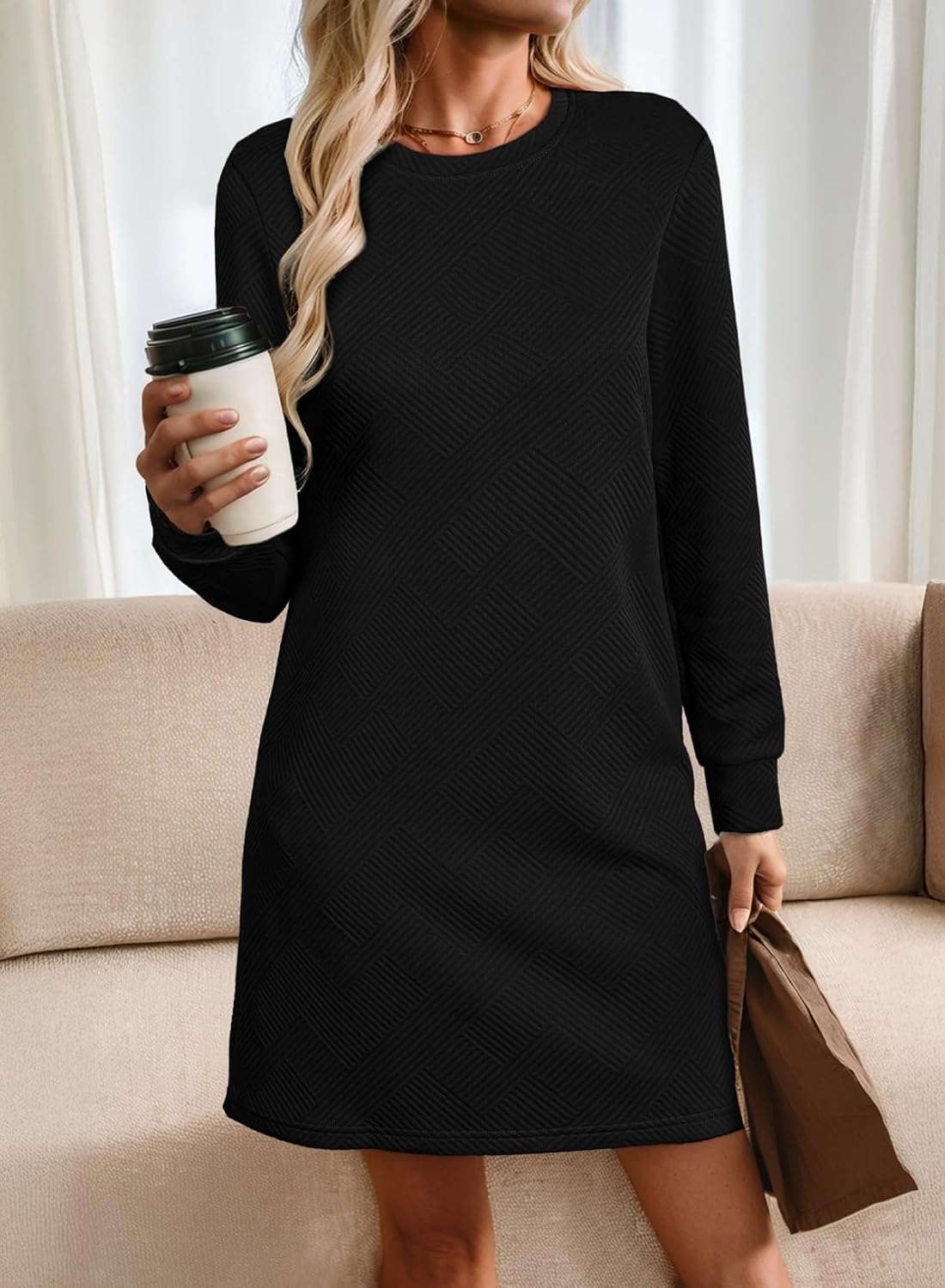 BLENCOT Womens Casual Pullover Sweatshirt Dress Crewneck Long Sleeve Trendy Fall Textured Solid Mini Dresses with Pockets - Image 6