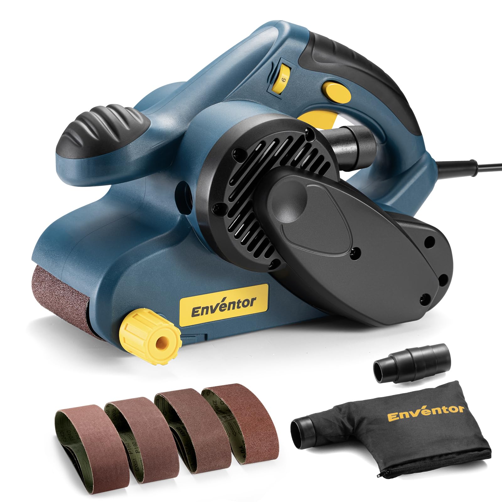 Enventor Ponceuse à Bande 950W, 6 Vitesse Variables (120-380 tr/min), 2 en 1 Ponceuse à Cordon avec Sac à Poussière et 12 Bandes Abrasives (P80, P120, P180,P240) 76 x 533 mm
