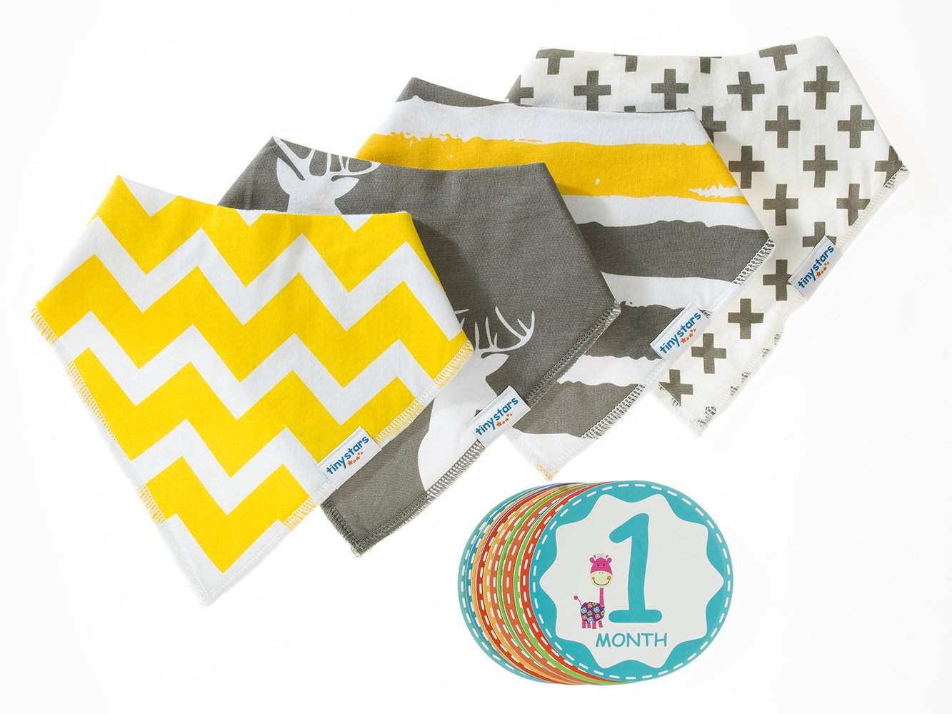 Baby Bandana Drool Bib Kit by Tiny Stars - 4 Pack of Unisex Absorbent Cotton/Fleece Snap-On Bibs with 12 Baby Monthly Stickers. Great for Infant Boys and Girls – Great Baby Gift!